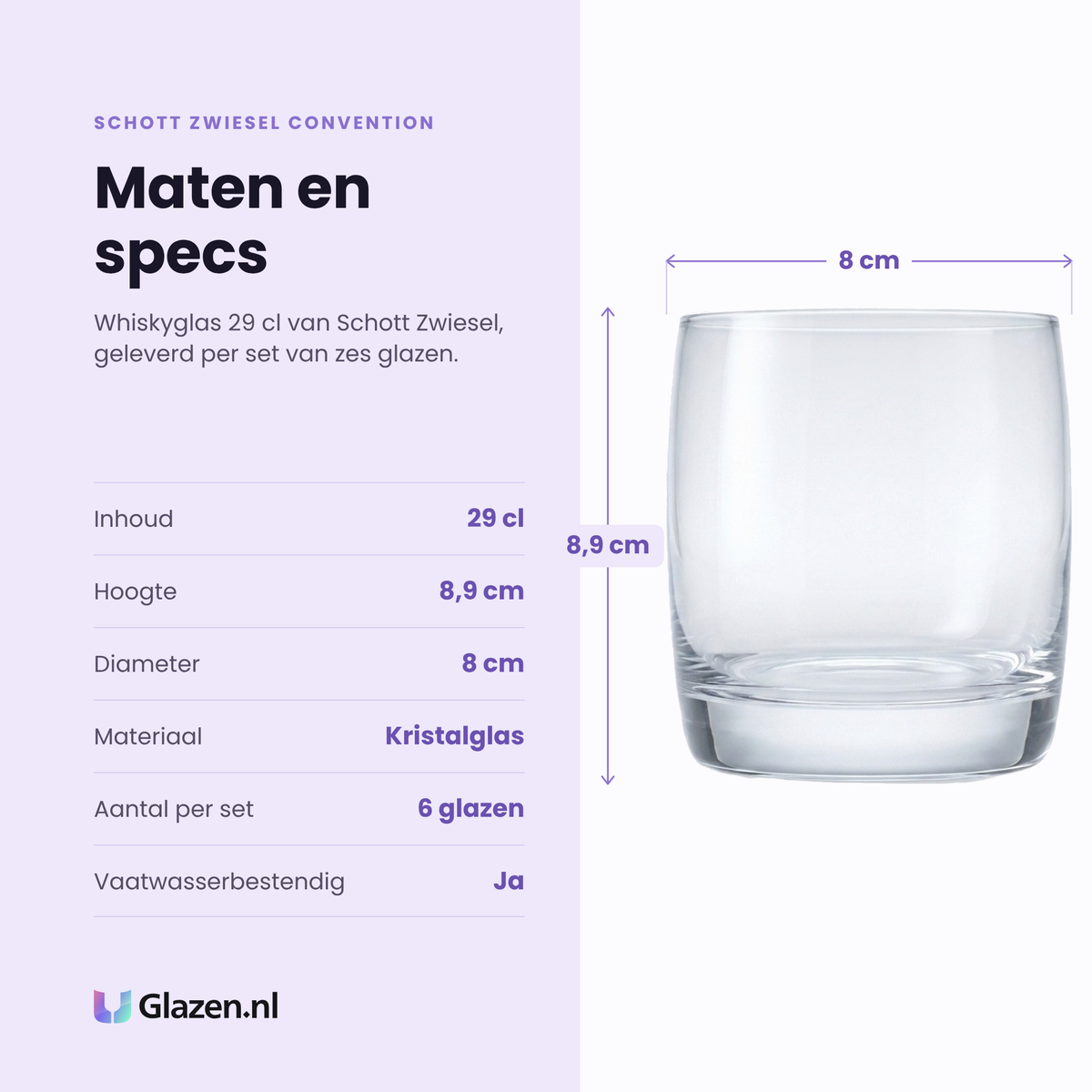 Schott Zwiesel Convention whiskyglas 29 cl specificaties: inhoud 29 cl, hoogte 8,9 cm, diameter 8 cm, kristalglas, set van 6