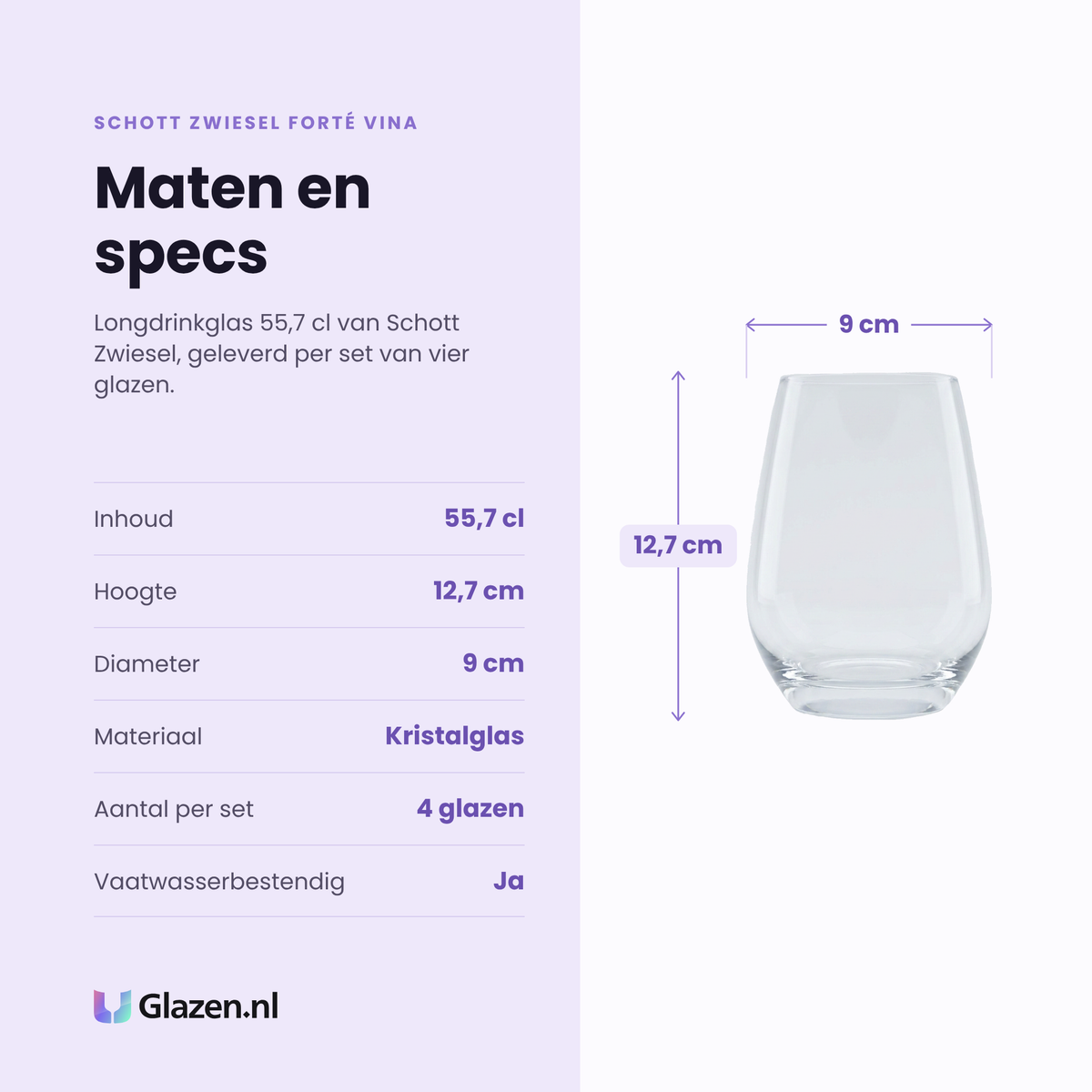 Schott Zwiesel Forté Vina longdrinkglas 55,7 cl specificaties: inhoud 55,7 cl, hoogte 12,7 cm, diameter 9 cm, kristalglas, set van 4