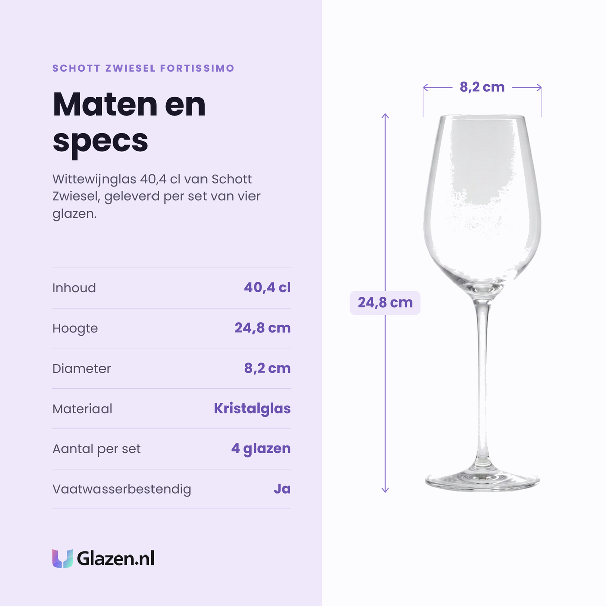Schott Zwiesel Fortissimo witte wijnglas 40,4 cl specificaties: inhoud 40,4 cl, hoogte 24,8 cm, diameter 8,2 cm, kristalglas, set van 4