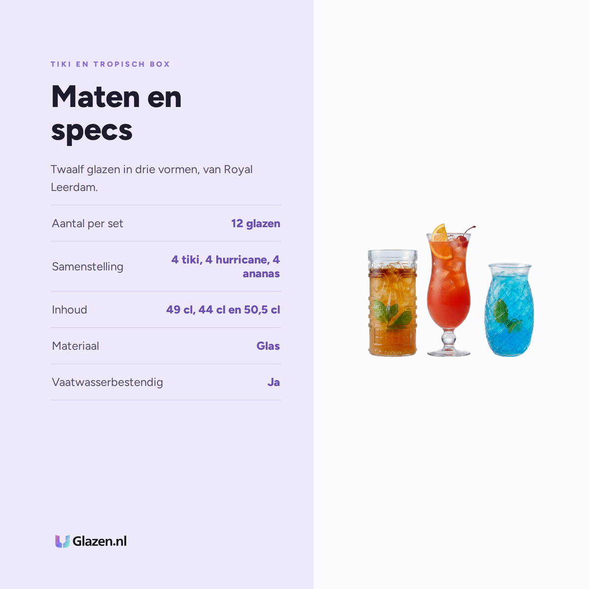 Maten en specs van Tiki & Tropisch Box 12-Delig (Tiki, Hurricane & Pina Colada)