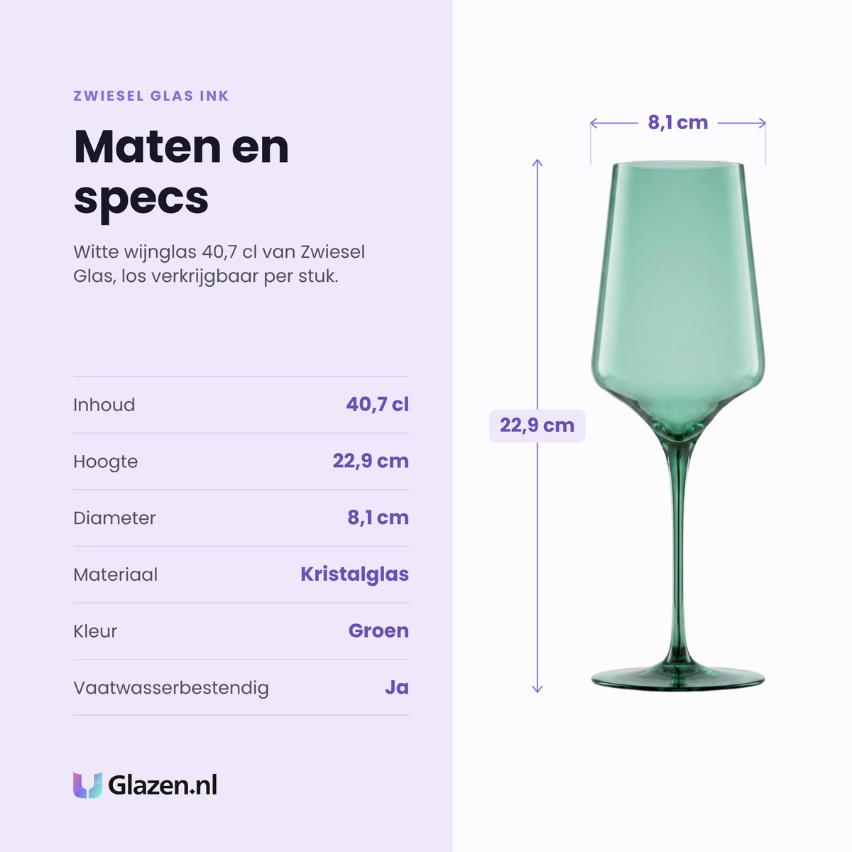 Zwiesel Glas Ink witte wijnglas 40,7 cl specificaties: inhoud 40,7 cl, hoogte 22,9 cm, diameter 8,1 cm, kristalglas, los per stuk
