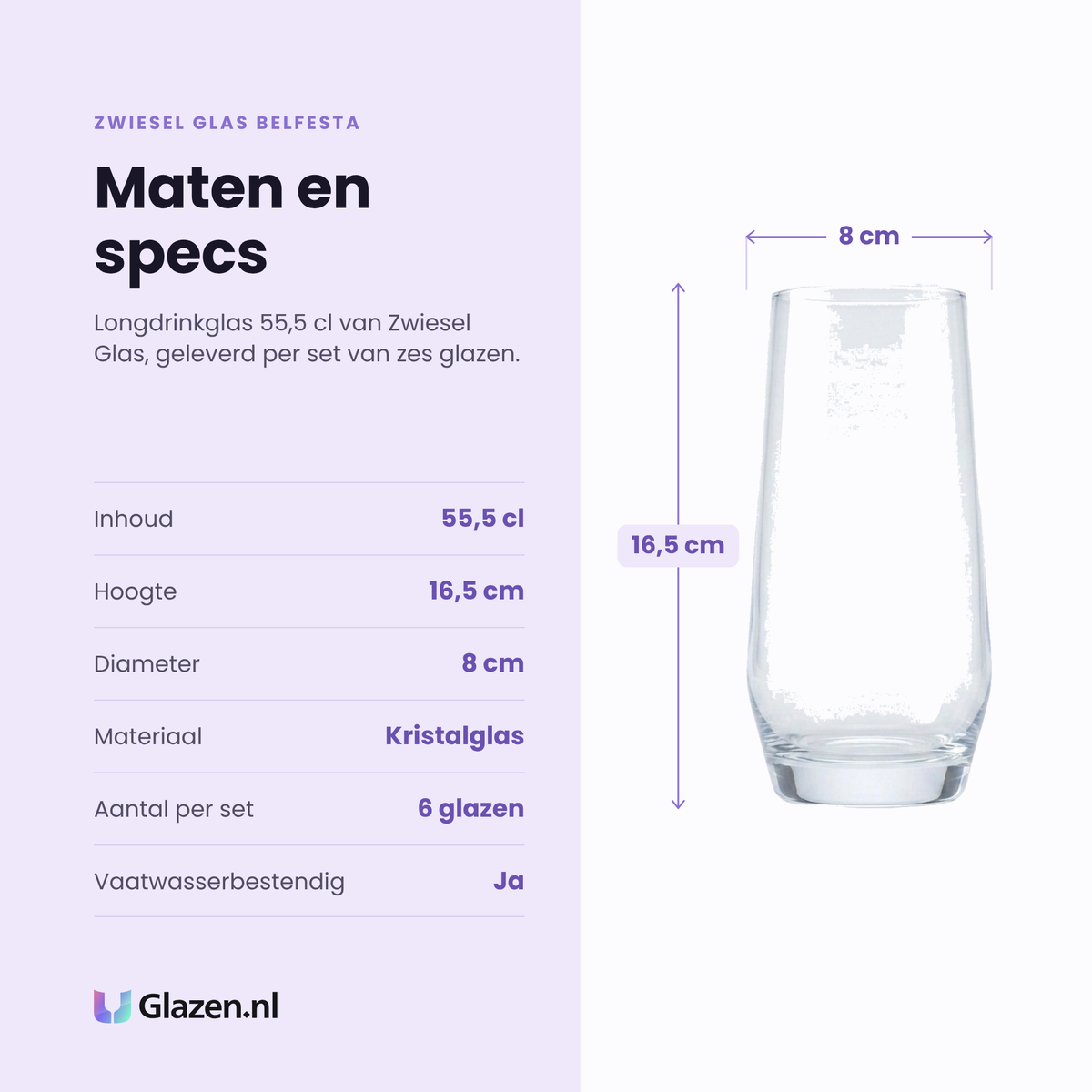 Zwiesel Glas Belfesta longdrinkglas 55,5 cl specificaties: inhoud 55,5 cl, hoogte 16,5 cm, diameter 8 cm, kristalglas, set van 6