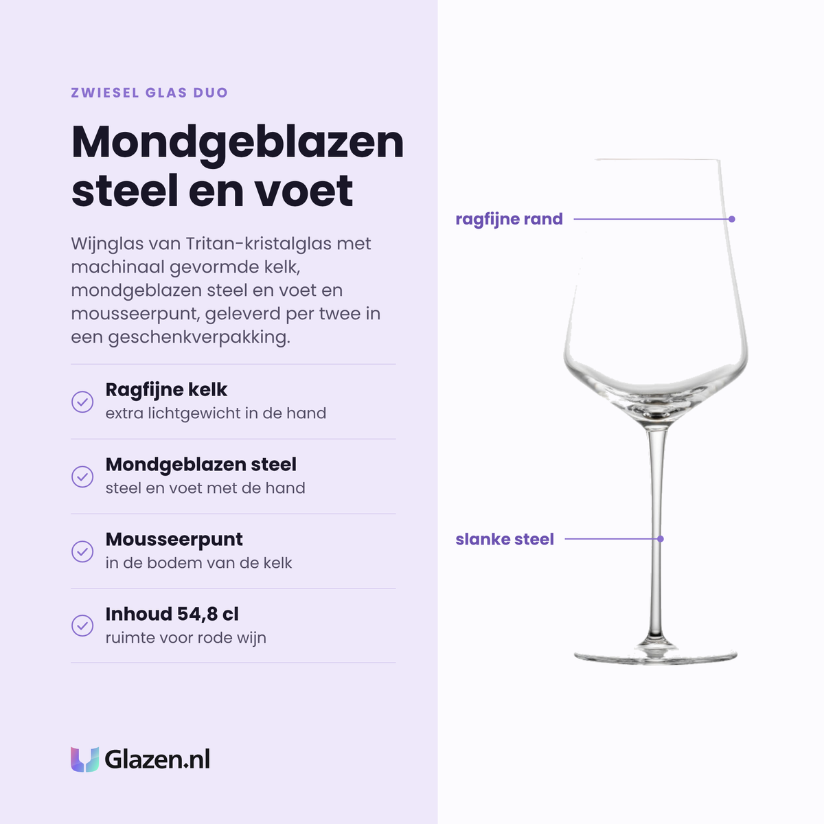 Zwiesel Glas Duo wijnglas 54,8 cl eigenschappen: ragfijne kelk, mondgeblazen steel en voet, mousseerpunt in de bodem, tritan-kristalglas