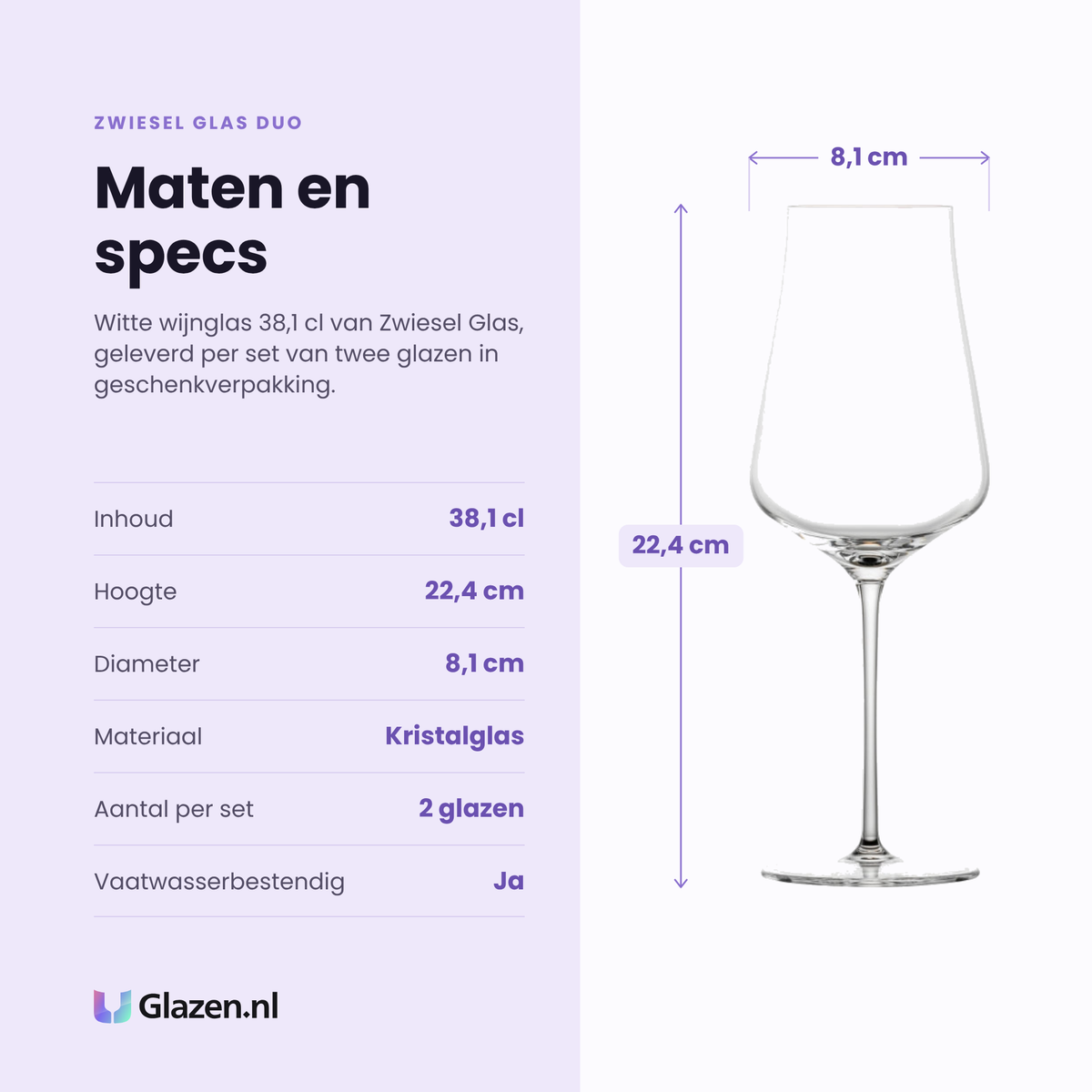 Zwiesel Glas Duo witte wijnglas 38,1 cl specificaties: inhoud 38,1 cl, hoogte 22,4 cm, diameter 8,1 cm, kristalglas, set van 2