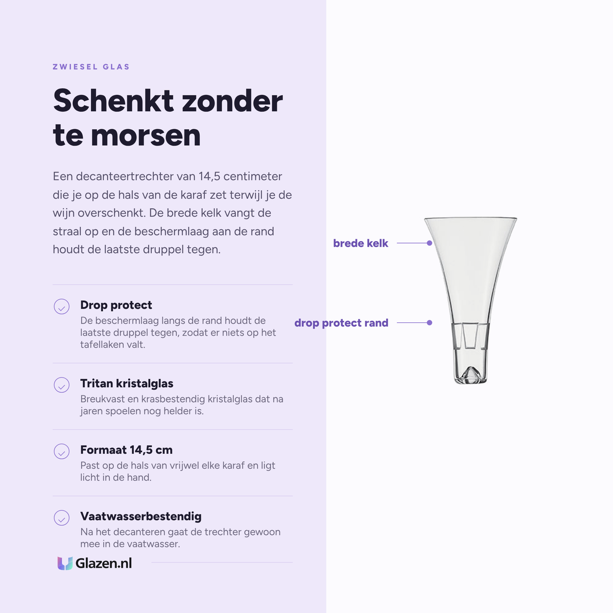 Eigenschappen van de Zwiesel Glas Belfesta decanteertrechter van 14,5 cm met drop protect beschermlaag