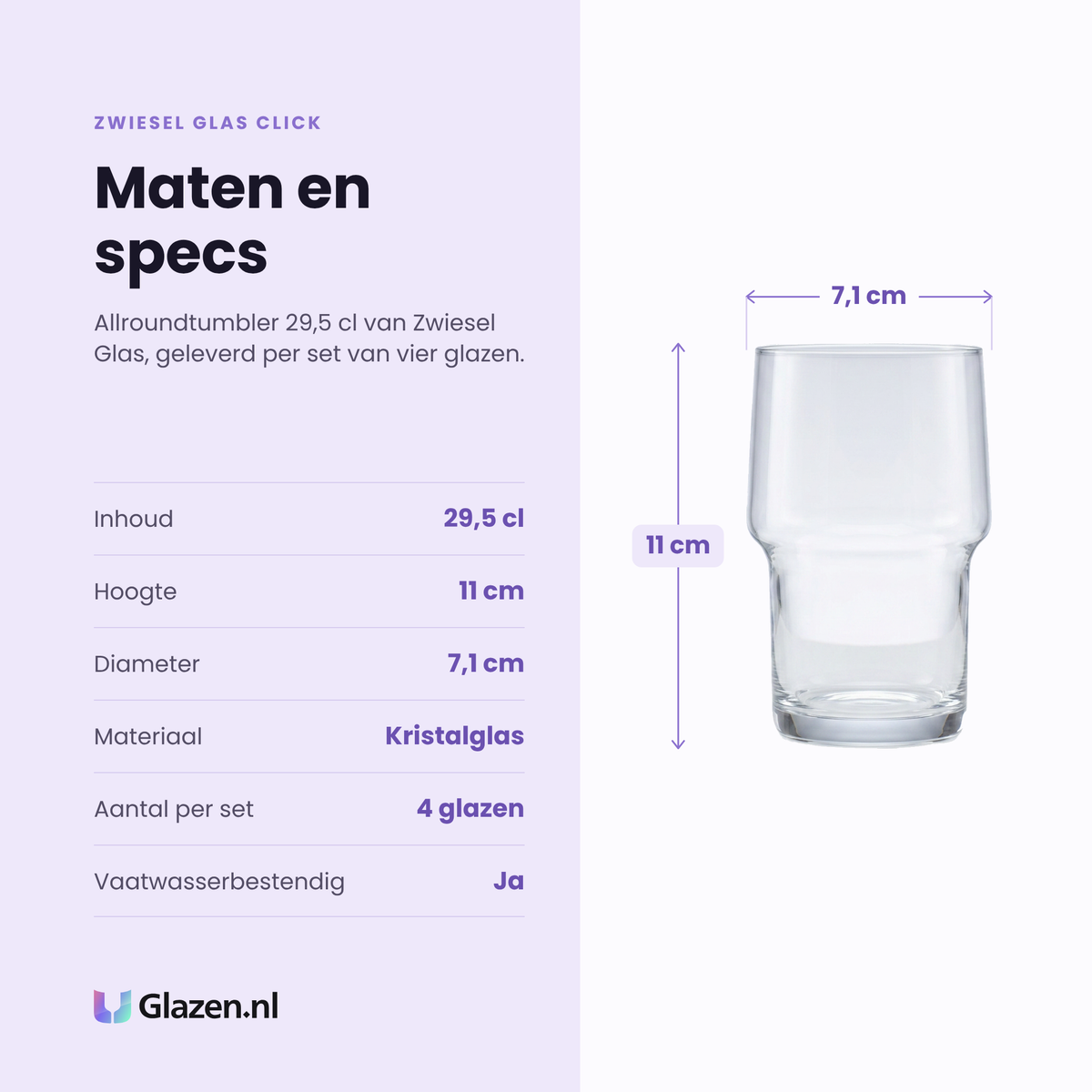 Zwiesel Glas Click allroundtumbler 29,5 cl specificaties: inhoud 29,5 cl, hoogte 11 cm, diameter 7,1 cm, kristalglas, set van 4