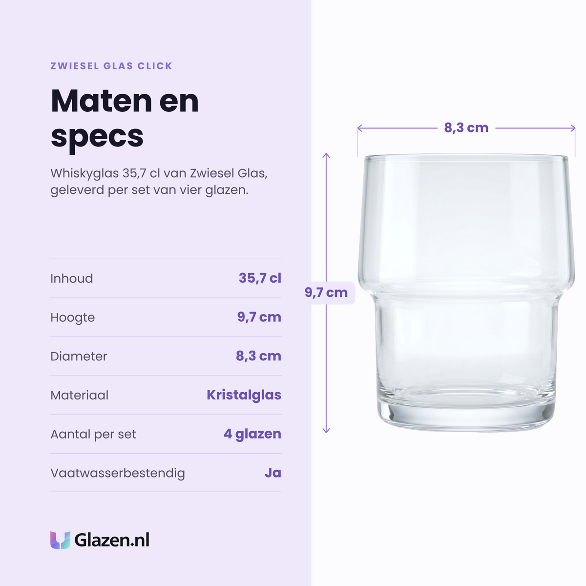 Zwiesel Glas Click whiskyglas 35,7 cl specificaties: inhoud 35,7 cl, hoogte 9,7 cm, diameter 8,3 cm, kristalglas, set van 4