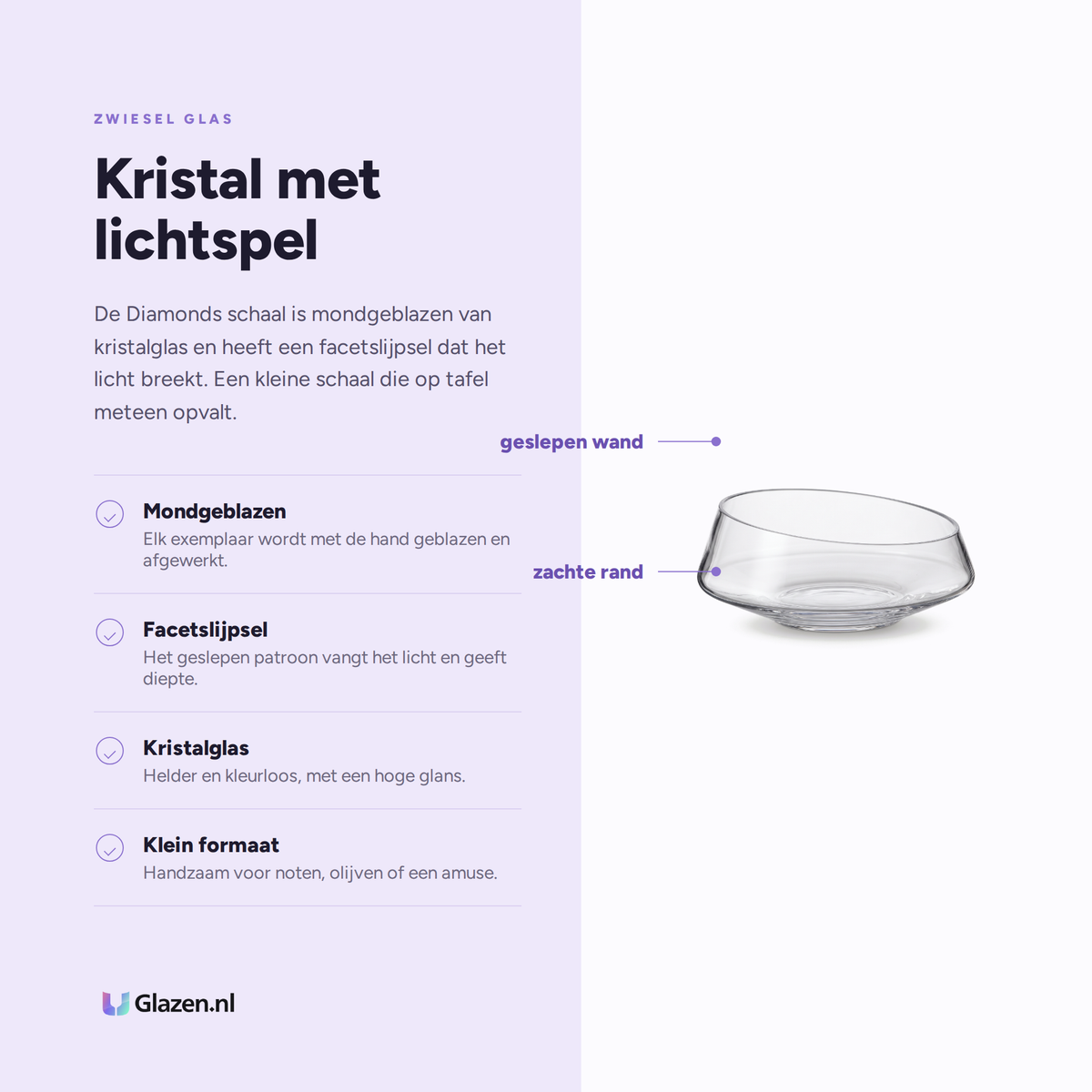 Infographic met de eigenschappen van Zwiesel Glas Diamonds Schaal 101 mm Kristal
