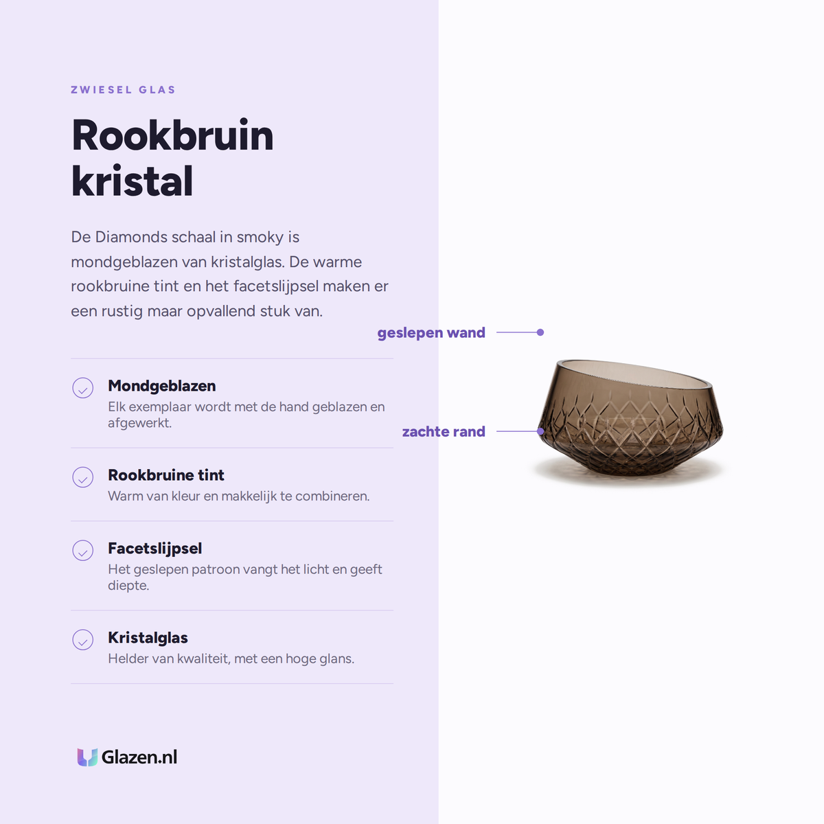 Infographic met de eigenschappen van Zwiesel Glas Diamonds Schaal 101 mm Smoky