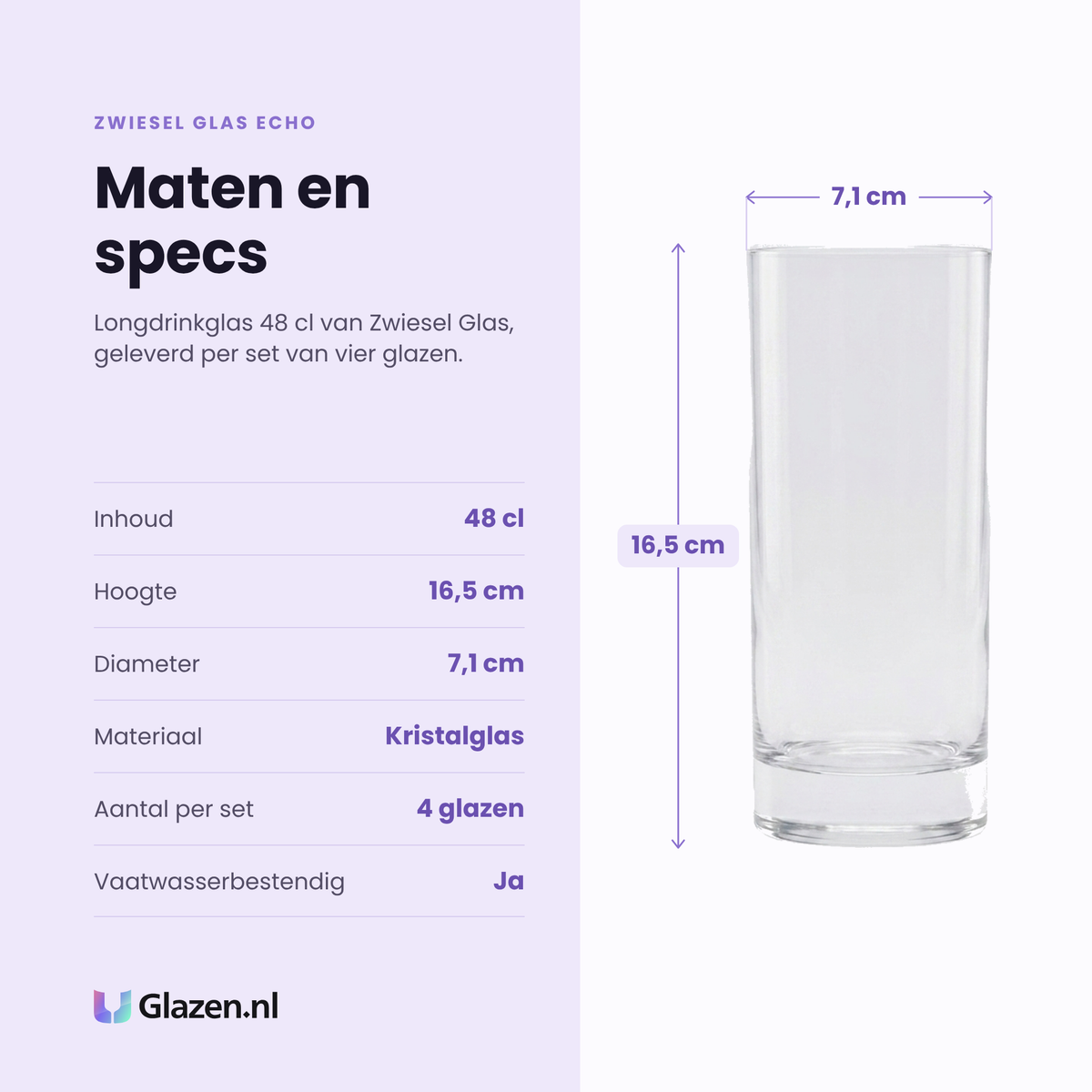 Zwiesel Glas Echo longdrinkglas 48 cl specificaties: inhoud 48 cl, hoogte 16,5 cm, diameter 7,1 cm, kristalglas, set van 4