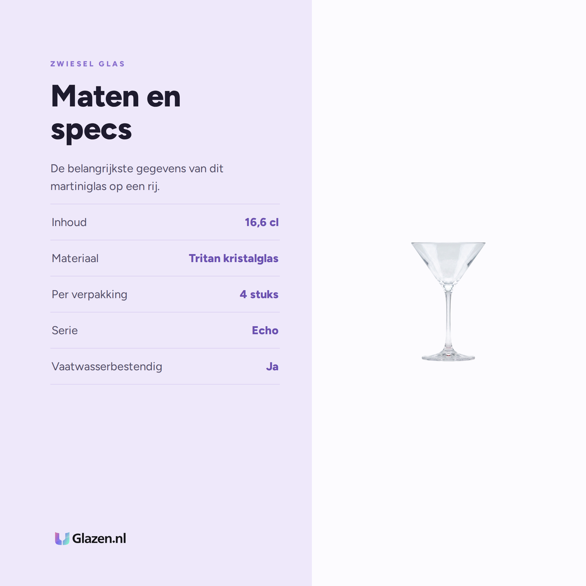 Maten en specificaties van Zwiesel Glas Echo Martiniglas 16,6 Cl - 4 Stuks