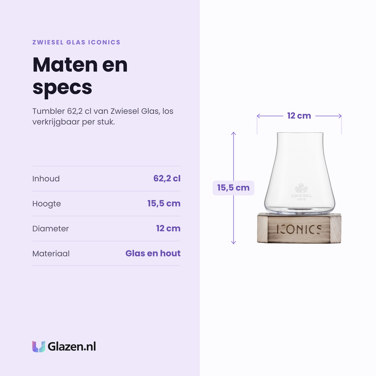 Zwiesel Glas Iconics tumbler 62,2 cl specificaties: inhoud 62,2 cl, hoogte 15,5 cm, diameter 12 cm, glas en hout, los per stuk