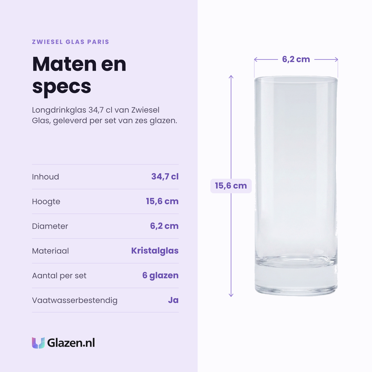 Zwiesel Glas Paris longdrinkglas 34,7 cl specificaties: inhoud 34,7 cl, hoogte 15,6 cm, diameter 6,2 cm, kristalglas, set van 6