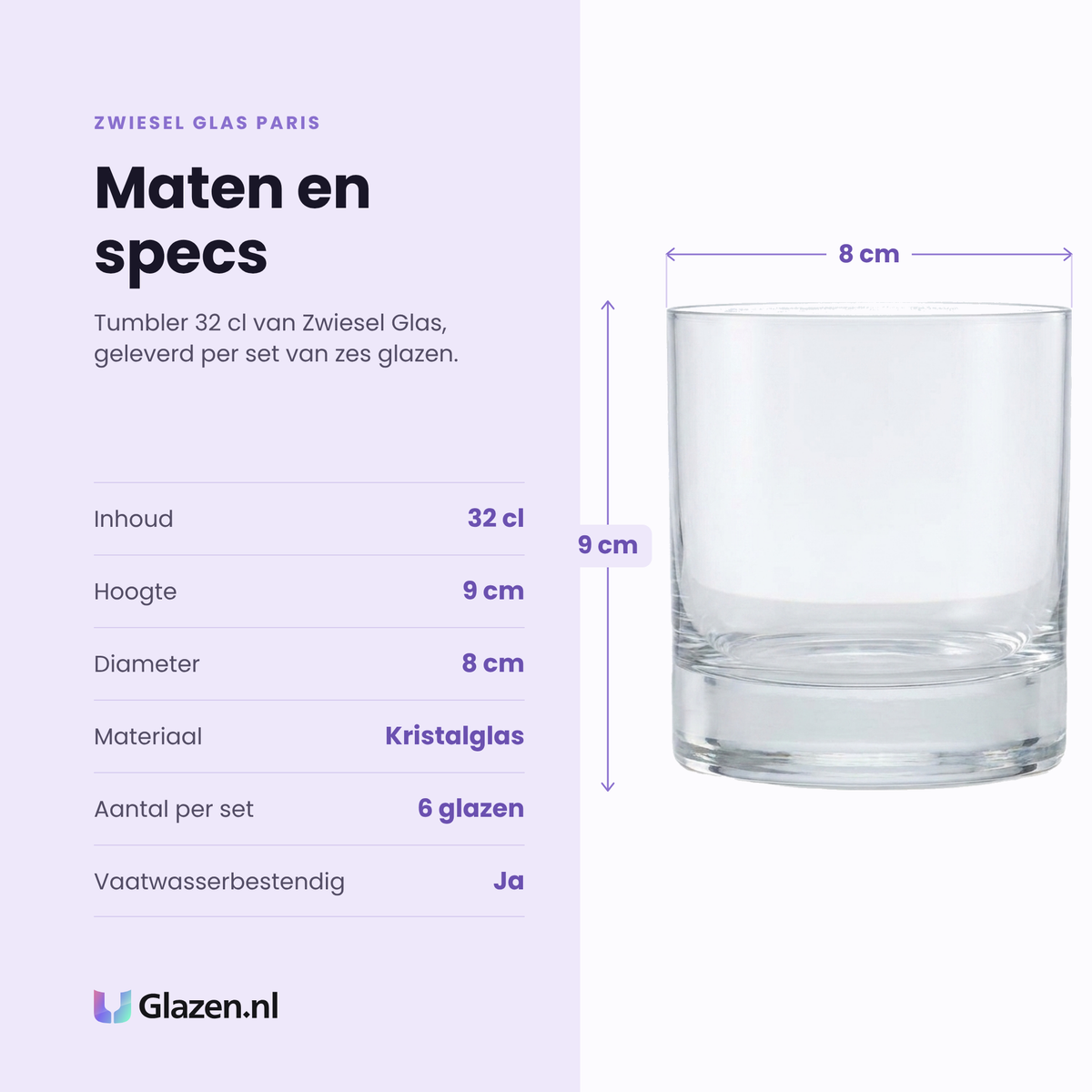 Zwiesel Glas Paris tumbler 32 cl specificaties: inhoud 32 cl, hoogte 9 cm, diameter 8 cm, kristalglas, set van 6