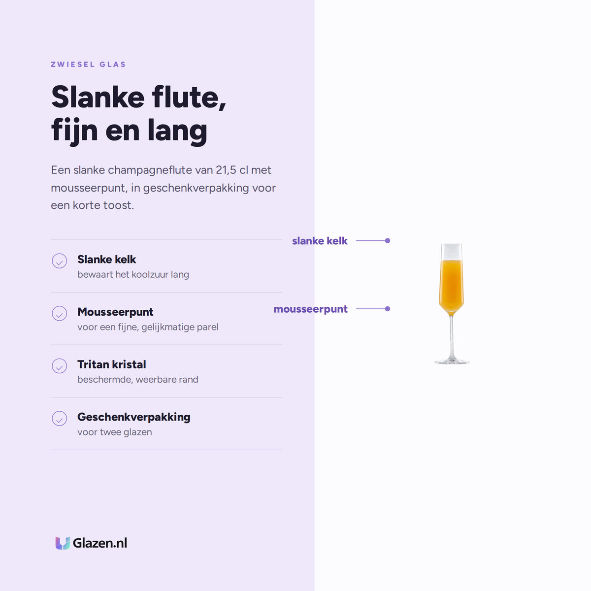Eigenschappen van Zwiesel Glas Pure Champagneglas 21,5 Cl met Mousseerpunt in Geschenkverpakking