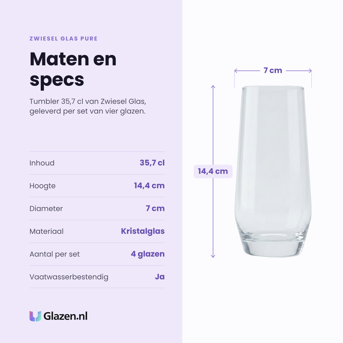 Zwiesel Glas Pure tumbler 35,7 cl specificaties: inhoud 35,7 cl, hoogte 14,4 cm, diameter 7 cm, kristalglas, set van 4