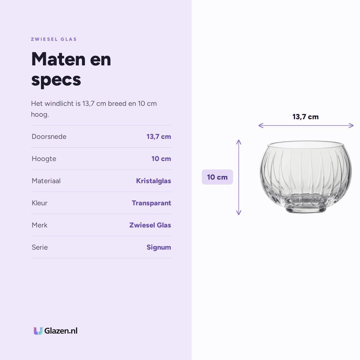 Maten en specificaties van de Zwiesel Glas Signum Windlicht 137 mm Kristalhelder