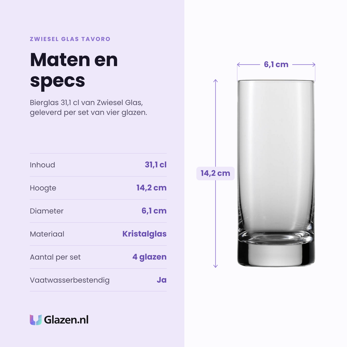Zwiesel Glas Tavoro bierglas 31,1 cl specificaties: inhoud 31,1 cl, hoogte 14,2 cm, diameter 6,1 cm, kristalglas, set van 4