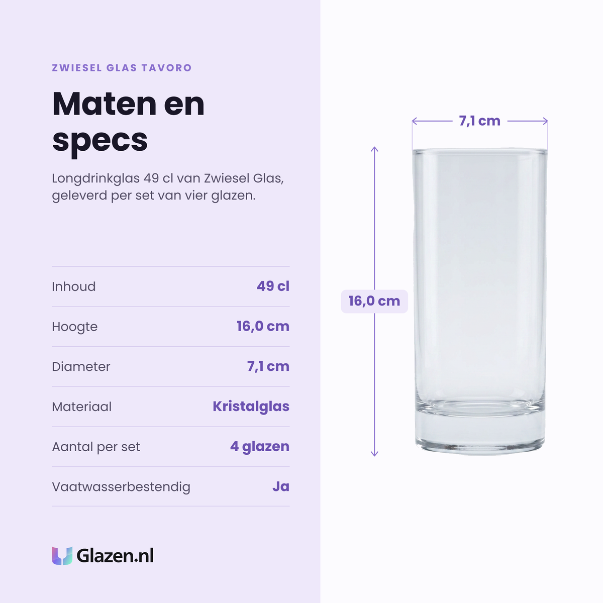 Zwiesel Glas Tavoro longdrinkglas 49 cl specificaties: inhoud 49 cl, hoogte 16 cm, diameter 7,1 cm, kristalglas, set van 4