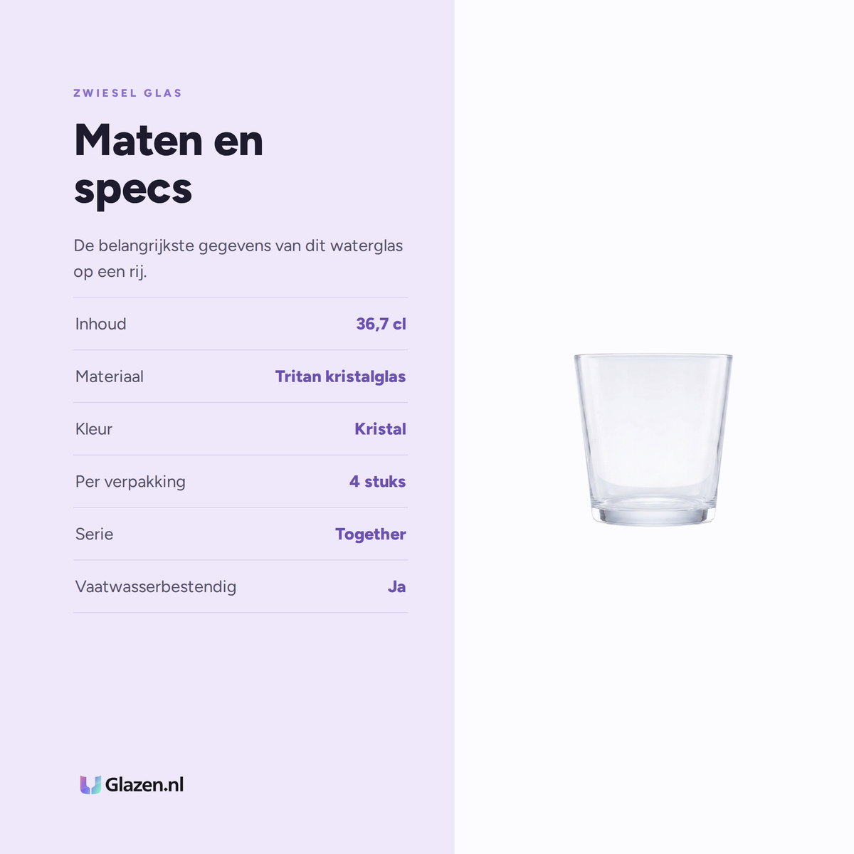 Maten en specificaties van Zwiesel Glas Together Waterglas 36,7 Cl Kristal - 4 Stuks