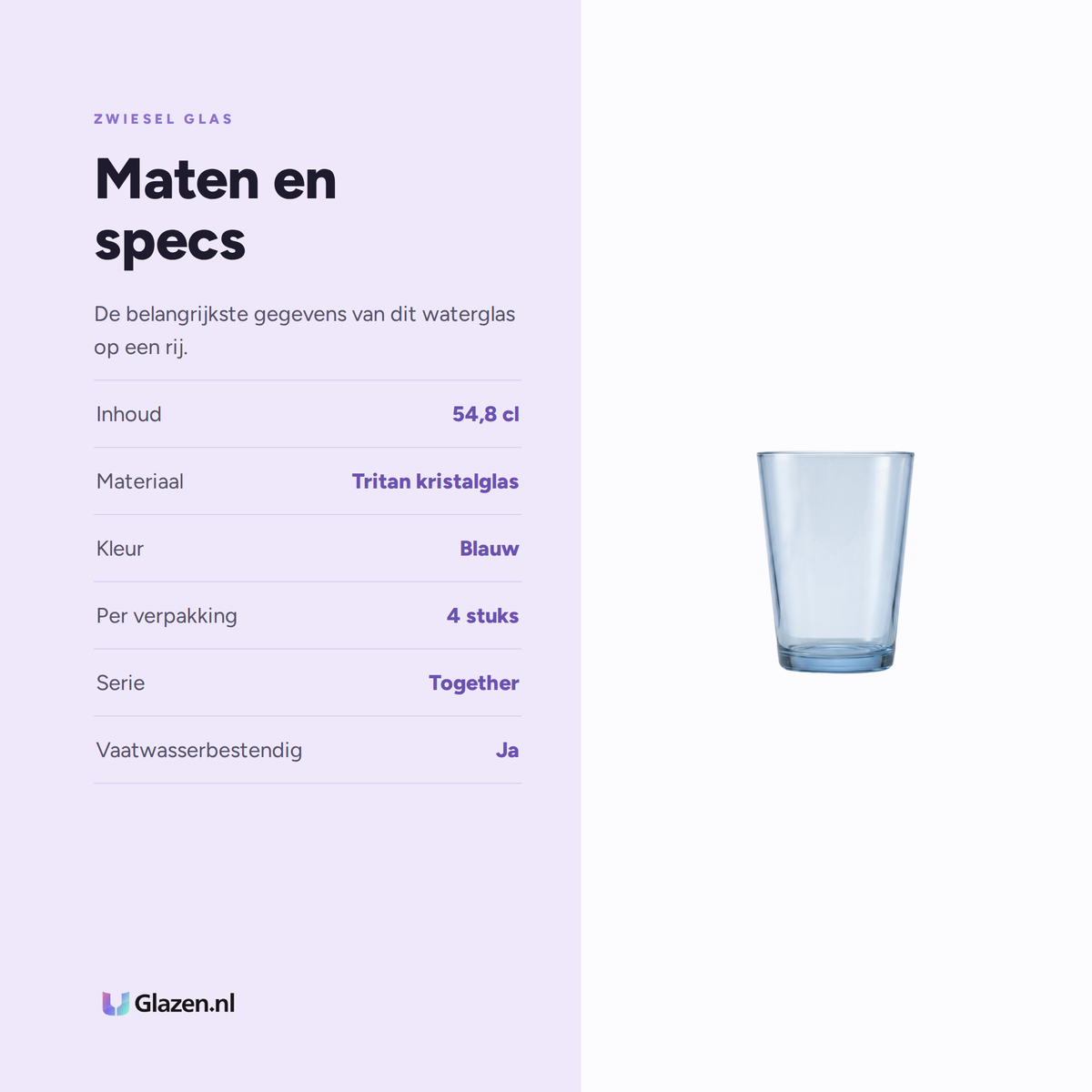 Maten en specificaties van Zwiesel Glas Together Waterglas 54,8 Cl Blauw - 4 Stuks