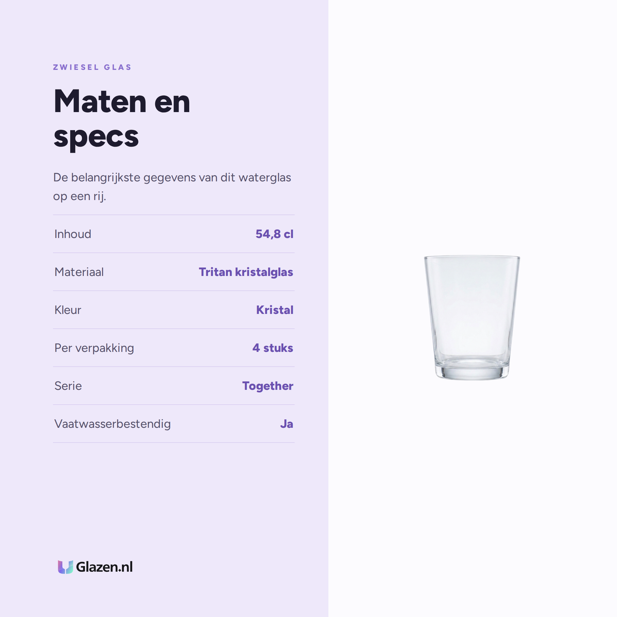 Maten en specificaties van Zwiesel Glas Together Waterglas 54,8 Cl Kristal - 4 Stuks