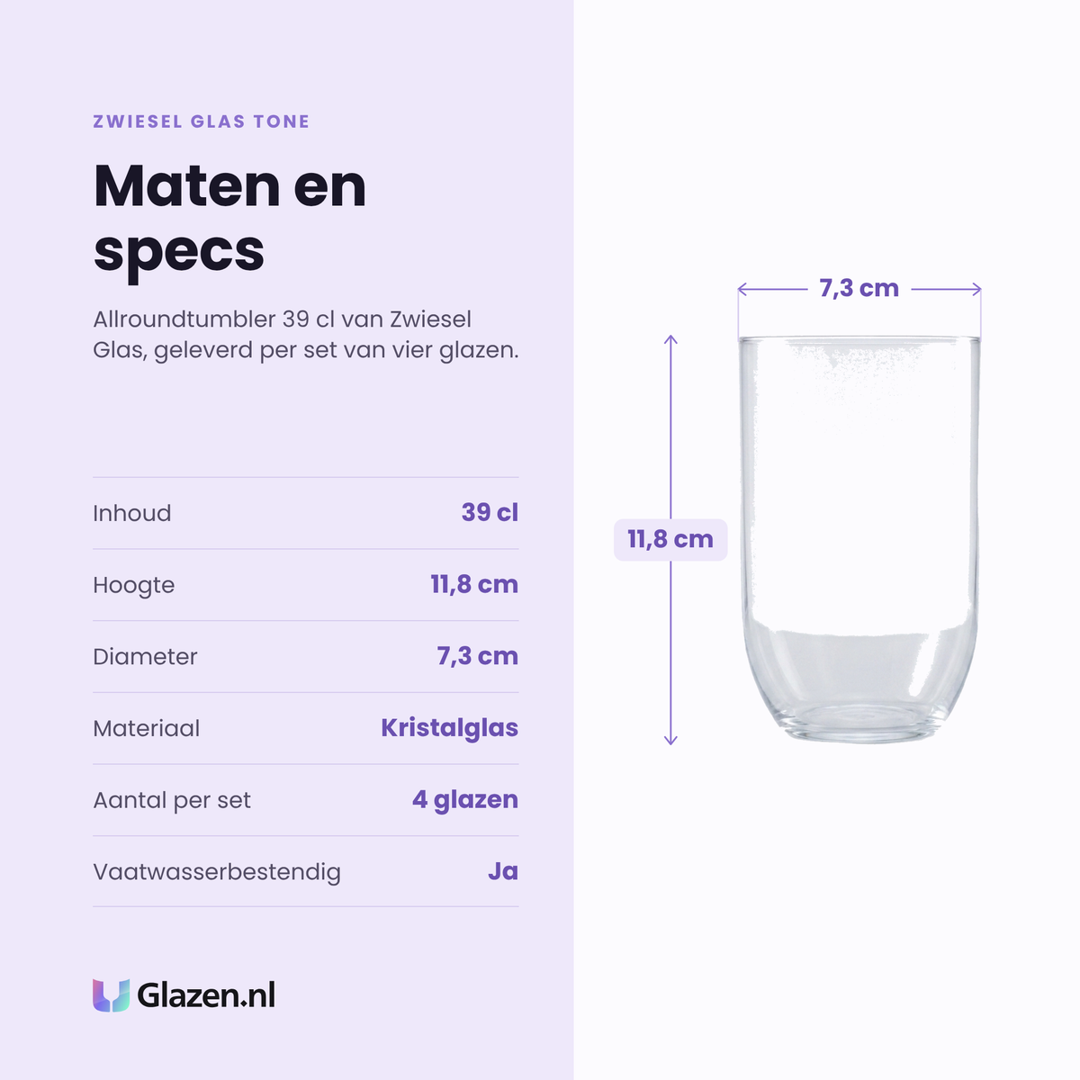 Zwiesel Glas Tone allroundtumbler 39 cl specificaties: inhoud 39 cl, hoogte 11,8 cm, diameter 7,3 cm, kristalglas, set van 4