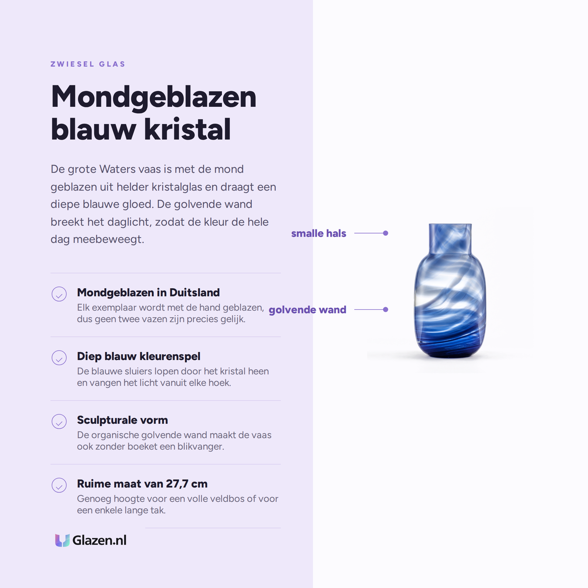 Eigenschappen van de Zwiesel Glas Waters vaas groot blauw
