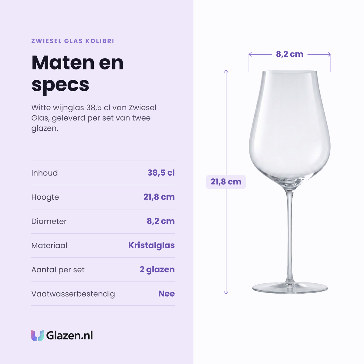 Zwiesel Glas Kolibri witte wijnglas 38,5 cl specificaties: inhoud 38,5 cl, hoogte 21,8 cm, diameter 8,2 cm, kristalglas, set van 2