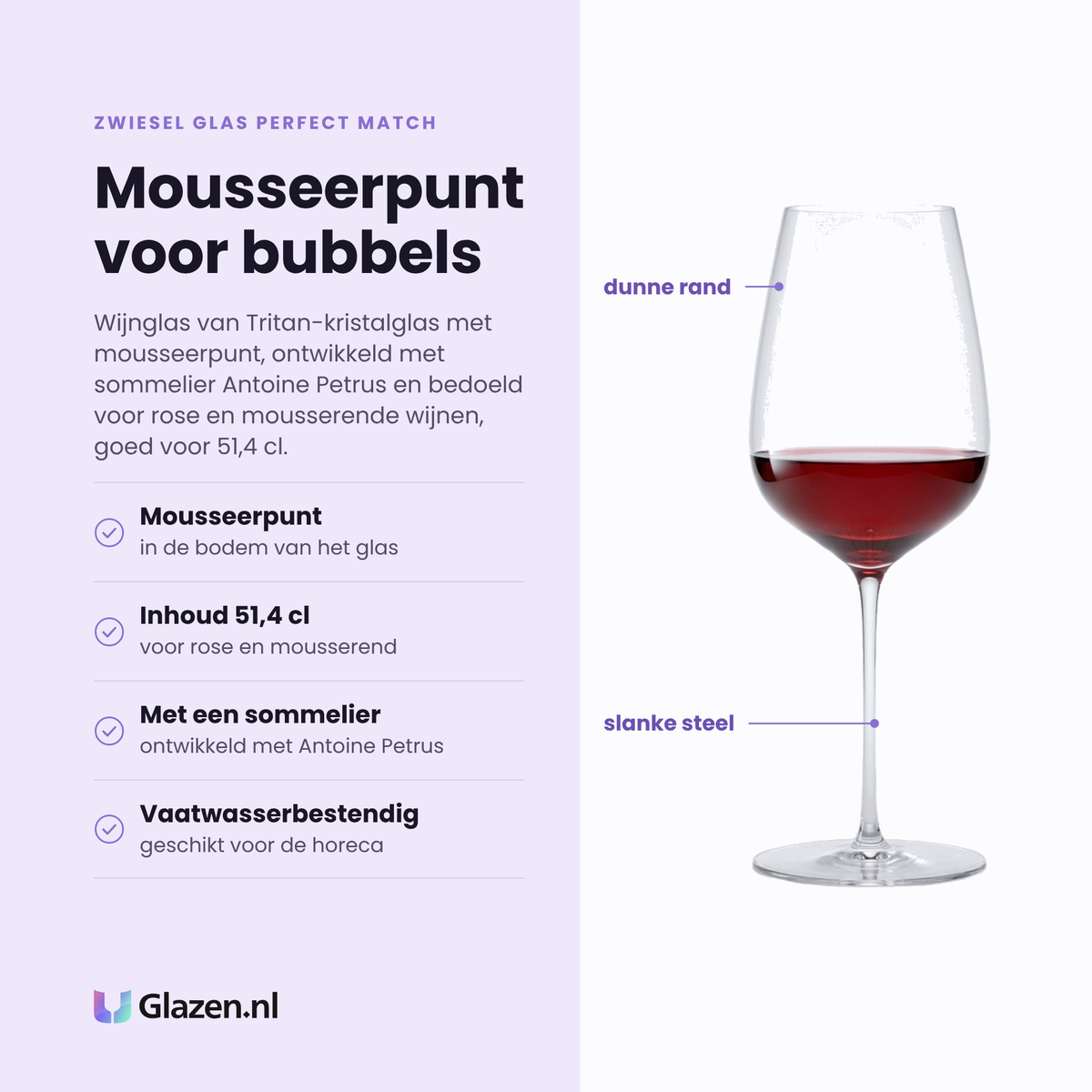 Zwiesel Glas Perfect Match wijnglas 51,4 cl eigenschappen: mousseerpunt in de bodem, inhoud 51,4 cl, ontwikkeld met sommelier Antoine Petrus, vaatwasserbestendig