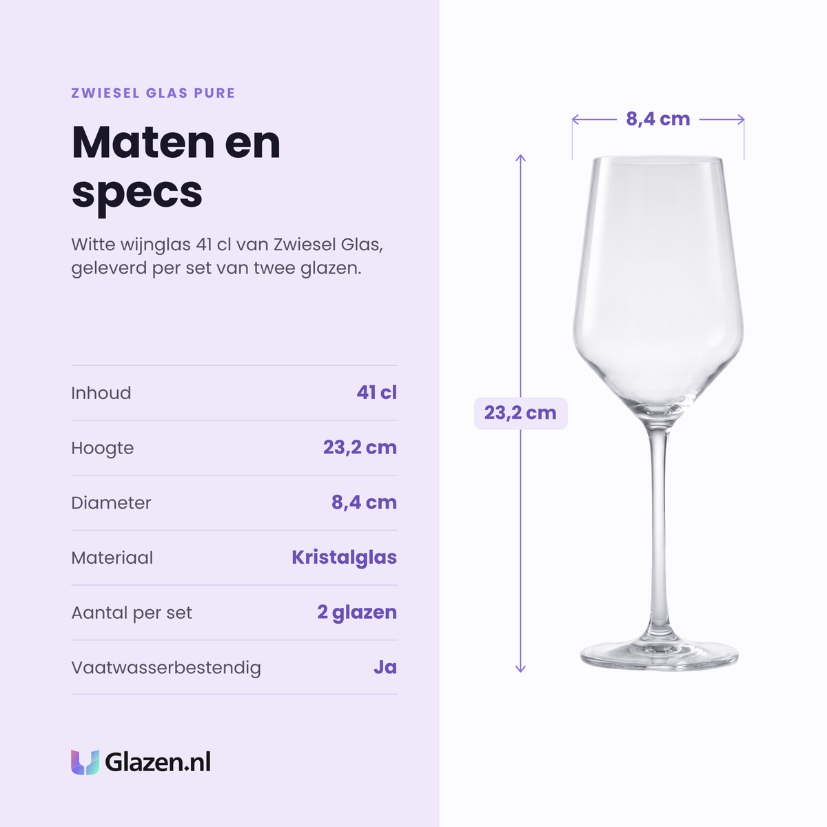 Zwiesel Glas Pure witte wijnglas 41 cl specificaties: inhoud 41 cl, hoogte 23,2 cm, diameter 8,4 cm, kristalglas, set van 2
