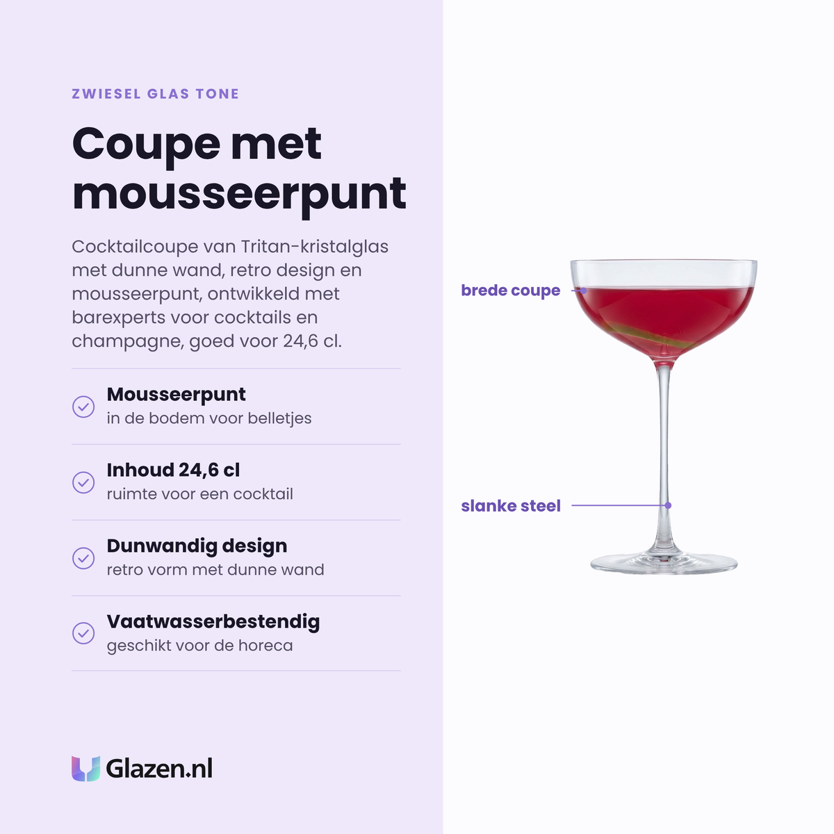 Zwiesel Glas Tone cocktailcoupe 24,6 cl eigenschappen: mousseerpunt in de bodem, dunwandig retro design, tritan-kristalglas, vaatwasserbestendig