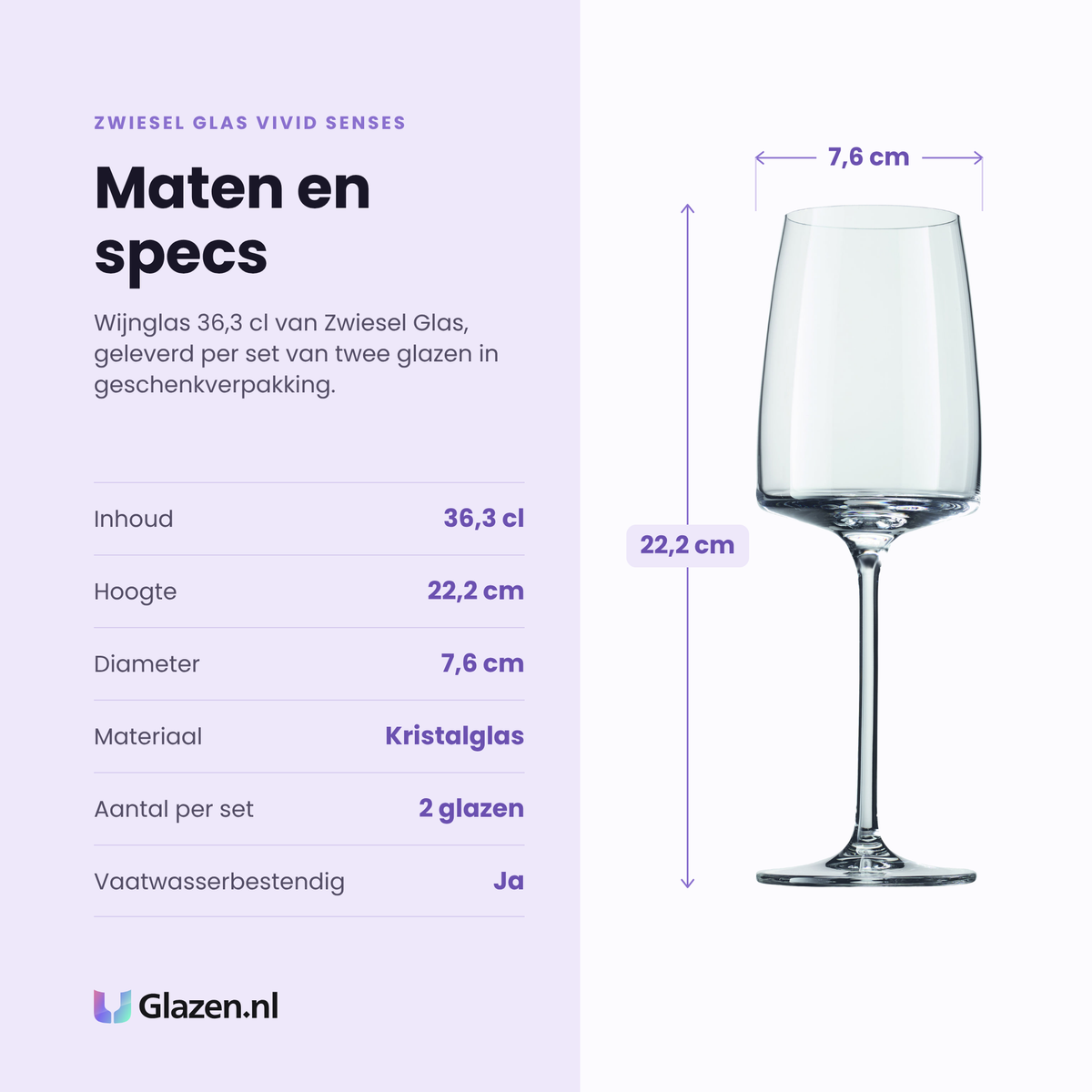 Zwiesel Glas Vivid Senses wijnglas 36,3 cl specificaties: inhoud 36,3 cl, hoogte 22,2 cm, diameter 7,6 cm, kristalglas, set van 2