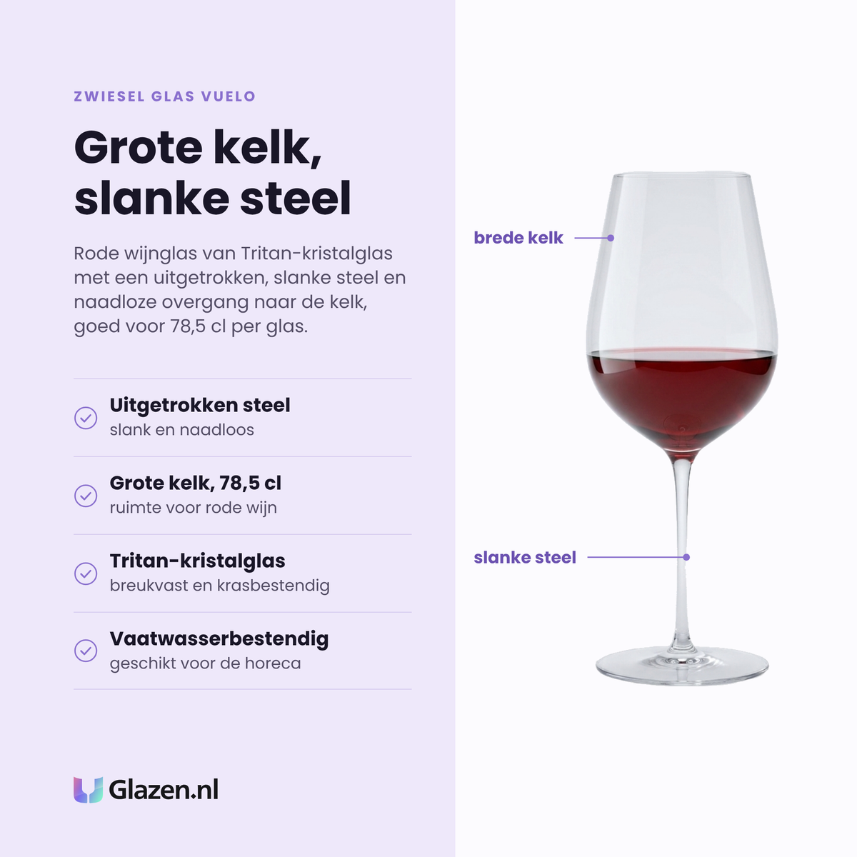 Zwiesel Glas Vuelo rode wijnglas 78,5 cl eigenschappen: uitgetrokken slanke steel, grote kelk van 78,5 cl, tritan-kristalglas, vaatwasserbestendig